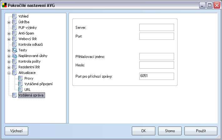 9.12.Vzdálená správa Nastavení v dialogu Vzdálená správa slouží k připojení klientské stanice AVG do systému vzdálené správy.