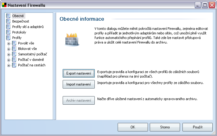 10. Nastavení Firewallu Konfigurace Firewallu se otevírá v samostatném okně, kde můžete na několika dialozích nastavit velmi pokročilé parametry komponenty.