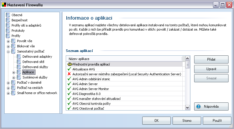 10.5.5.Aplikace V dialogu Informace o aplikaci najdete přehled všech aplikací, které komunikují po síti a byly detekovány na vašem počítači, ať už v průběhu Průvodce nastavením Firewallu při