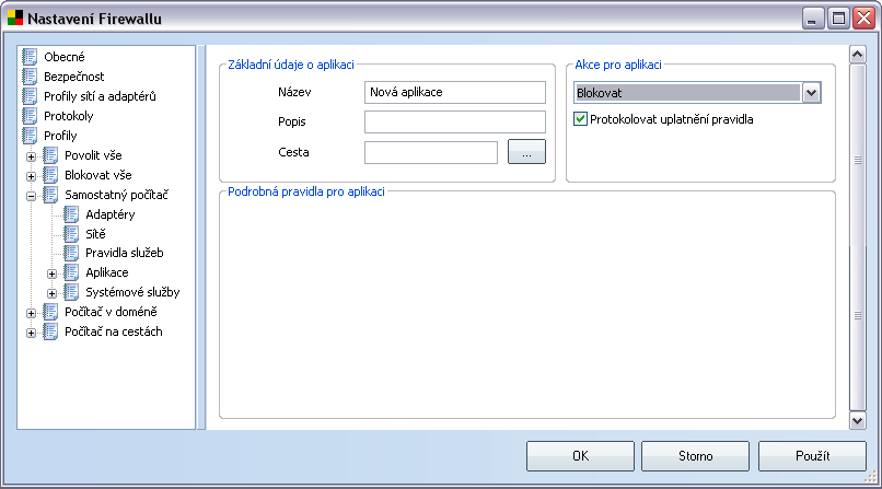 Dialog pro přidání nové aplikace otevřete tlačítkem Přidat z dialogu Aplikace v rámci Nastavení Firewallu: V tomto dialogu můžete definovat: Základní údaje o aplikaci - název aplikace, její stručný