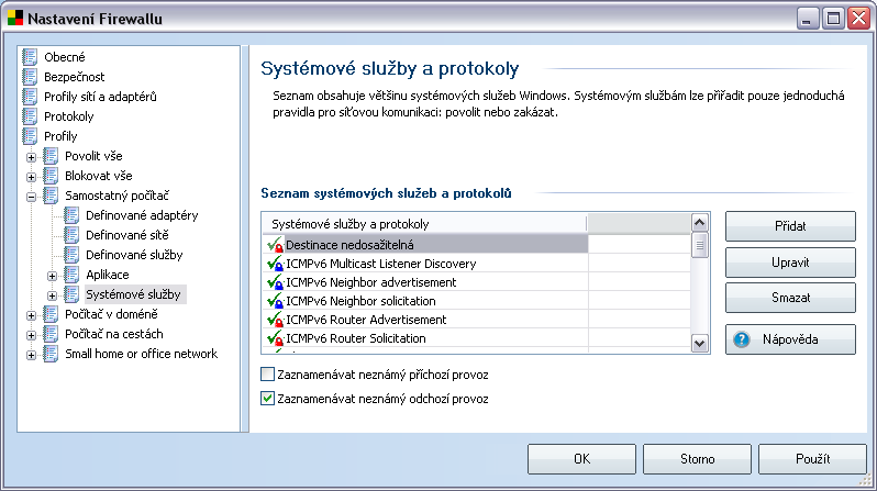 Definované sítě) a prostřednictvím jakých adaptérů (záložka Definované adaptéry). 10.5.6.Systémové služby Veškeré editace v dialogu Systémové služby a protokoly doporučujeme pouze zkušeným uživatelům!