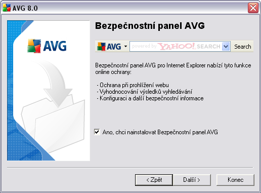 Svou volbu potvrďte stiskem tlačítka Další. 4.9. AVG Security Toolbar V dialogu AVG Security Toolbar rozhodněte, zda si v rámci AVG 8.