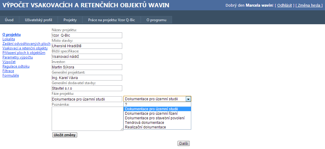 Záložka Práce na projektu Záložka Práce na projektu O projektu 1. Tyto parametry se načítají do Technické zprávy, která je generována v závěru návrhu. 2.