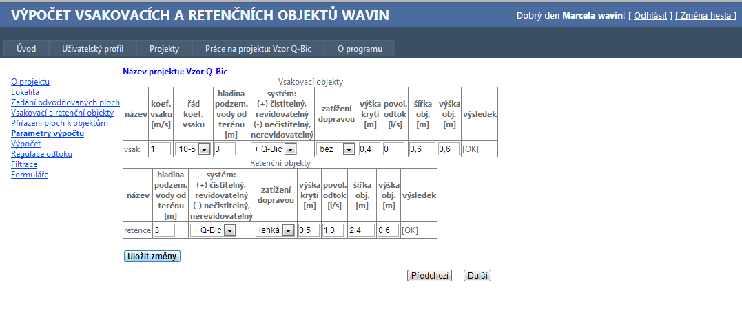 Záložka Práce na projektu Parametry výpočtu 1. Koeficient vsaku (m/s) - doplnit z hydrogeologického posudku.