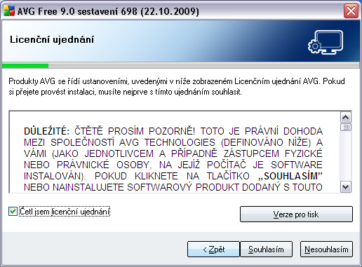 4.3. Licenční ujednání Následuje dialog Licenční ujednání, kde najdete plné znění závazné licenční smlouvy AVG.