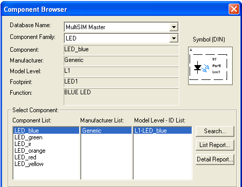 V případě výběru ze zásobníku DIODES-LED se rozvinulo okno COMPONENT BROWSER. Tato situace může nastat i u ostatních součástek v případě, že nepracujeme s virtuálními.