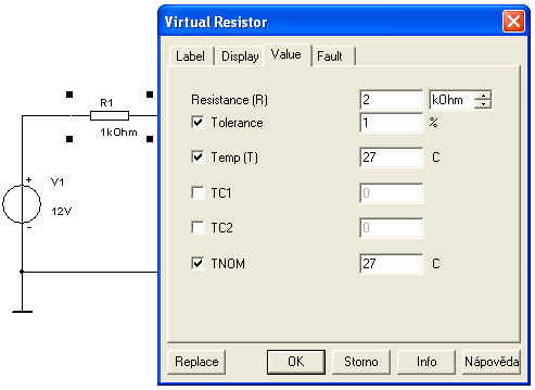 2.4 EDITACE SOUČÁSTEK U virtuálních součástek a přístrojů můžeme nastavit jejich hodnoty, např. odpor rezistoru, kapacitu kondenzátoru, hodnotu napětí u napájecího zdroje.