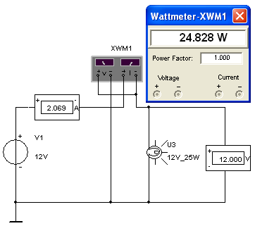 3.4 POUŽITÍ WATTMETRU Na obr. 31 je zapojení pro měření výkonu automobilové žárovky na 12 V o výkonu 25 W. Vypočítejte odebíraný proud a porovnejte s výsledkem simulace.