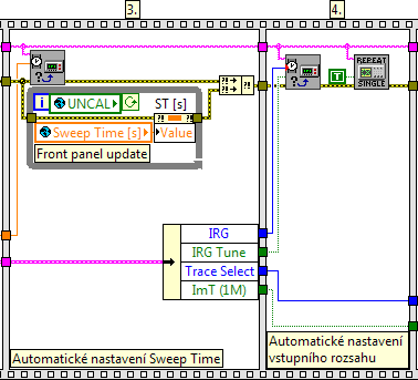 Obr. 4.4: Počáteční dvě části sekvence měřící aplikace s použitím analyzátoru MS420B V následujících částech sekvence dojde k nastavení zbývajících dvou parametrů - Sweep Time a Input Range.