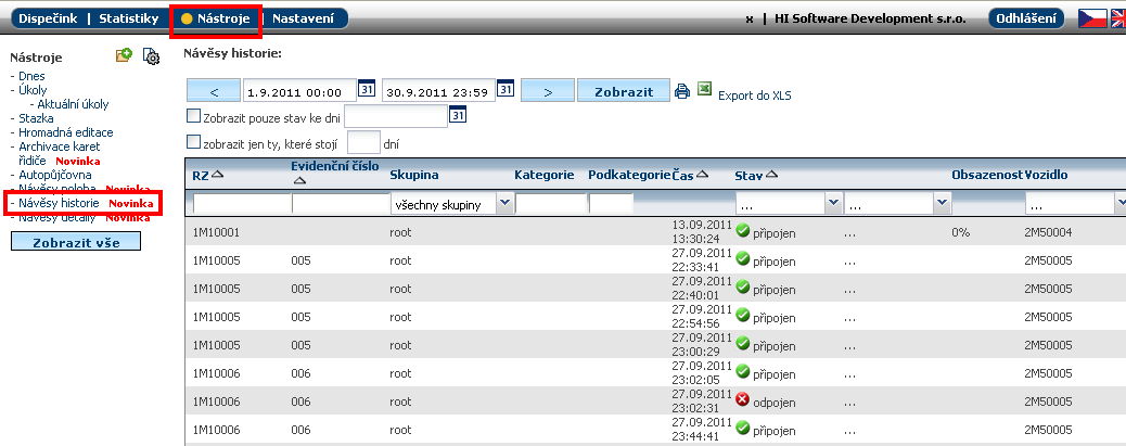 NOVINKY Z WEBDISPEČINKU - EVIDENCE NÁVĚSŮ V agendě Nástroje/Návěsy historie je vidět kompletní historie návěsu, tedy kdy a kde byl připojen nebo