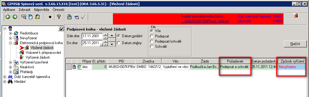 Detail dokumentu lze zavřít. 2.3. Přehled žádostí V menu USU vyberte Elektronická podpisová kniha\vložené žádosti, nastavte datumové rozmezí a stiskněte tl.