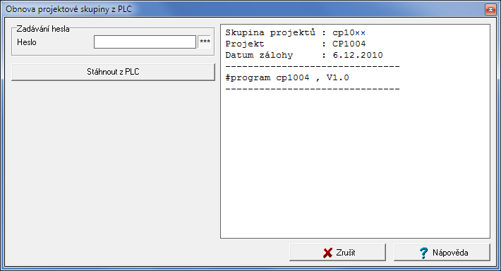 Obnovení projektu 5. Obsluha PLC V prostředí Mosaic vybereme v menu poloţku Soubor Archivace Obnovit projekt z PLC a vyvoláme panel Obnova projektové skupiny z PLC (obr.5.8).