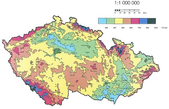 Tab. 3.4 Základní hodnoty indexu mrazu pro území ČR k roku 1995 [9] Obr. 3.4 Mapa charakt.