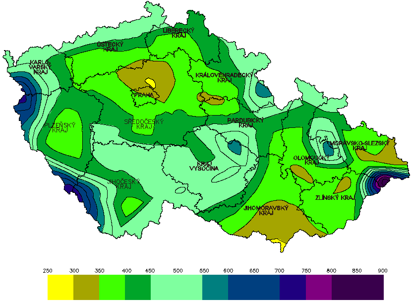 Tab. 3.5 Porovnání hodnot indexu mrazu (střední doba návratnosti 10 let) k roku 2010 Obr. 3.6 Mapa charak.