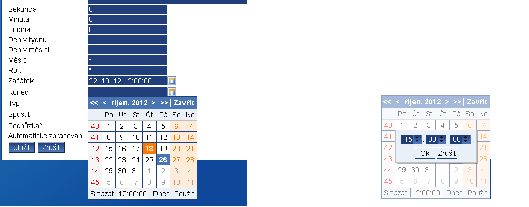 Při zadávání úlohy je možné omezit ji pouze na určitý časový úsek, k tomu slouží pole Začátek a Konec. K zadání data klikneme na ikonu kalendáře a pak se otevře okno kalendáře jako na obr. 3-4.