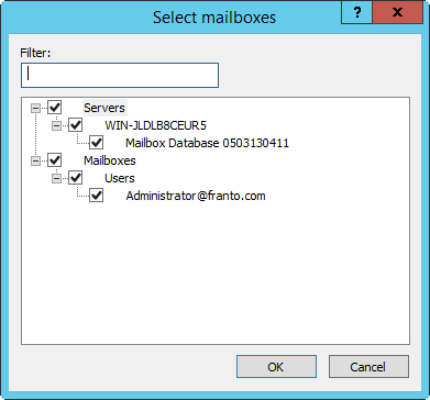 Následně vyberte databáze serveru a poštovní schránky, které chcete kontrolovat. Pro rychlý výběr databáze a poštovních schránek můžete použít Filtr.