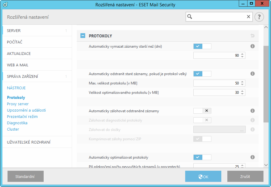 5.6.5.3 Údržba protokolů Protokoly zaznamenané ESET Mail Security jsou dostupné přímo v hlavním okně programu na záložce Nástroje > Protokoly.