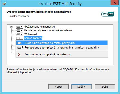 Změna nainstalovaných komponent (Přidat/Odebrat), Opravit a Odebrat: K dispozici jsou tři možnosti: nainstalované komponenty můžete Změnit, Opravit instalaci ESET Mail Security nebo jej kompletně