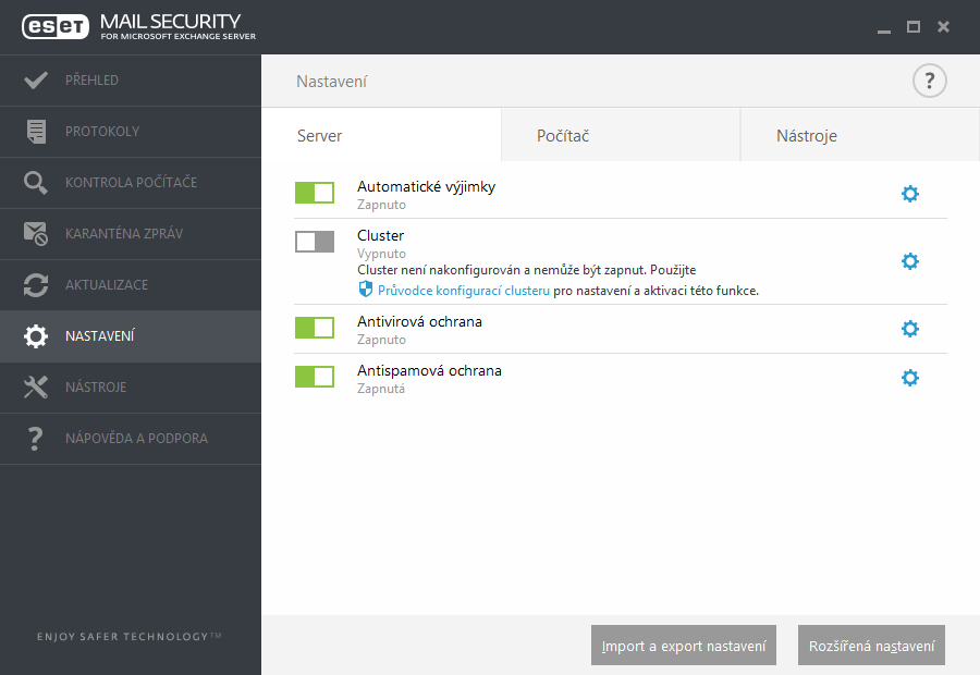 5. Práce s ESET Mail Security V hlavním okně programu v sekci Nastavení naleznete tři záložky: Server Počítač Nástroje Pro dočasné deaktivování konkrétního modulu klikněte na zelený přepínač dojde ke