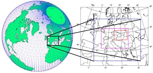 Předpověď počasí Okrajové podmínky - globální model (vlevo) počítá předpověď počasí pro