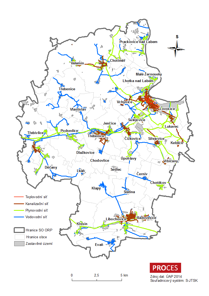 Mapa 1.8.1: Vodovodní, kanalizační, plynovodní a teplovodní síť na území SO ORP Lovosice 1.8.1 Zásobování pitnou vodou V rámci SO ORP Lovosice jsou všechny obce napojeny na vodovodní síť.