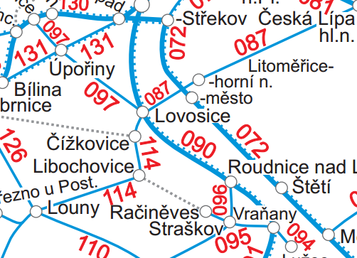 Obrázek 1.9.2: Schéma železniční sítě v okolí ORP Lovosice pro rok 2014 Zdroj: SŽDC ČR Celkově se na území SO ORP nachází 19 stanic/zastávek, po třech ve městě Lovosice a Libochovice.