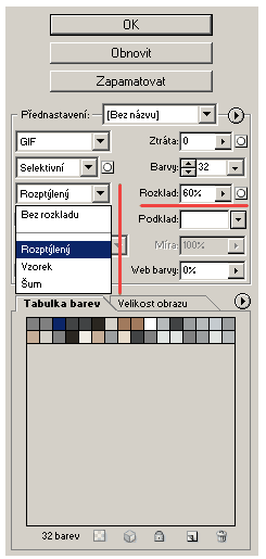 GIF typy grafických souborů volby uložení, pro simulaci barev, které nejsou v paletě : rozptýlený (difúze) je použit