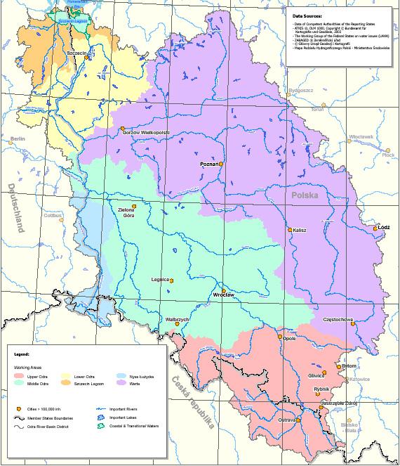 Začlenění povodí Odry v rámci Evropy Charakteristiky celkové Odry k Baltu: délka toku 855 km plocha povodí 118 861 km 2 z toho v ČR 7