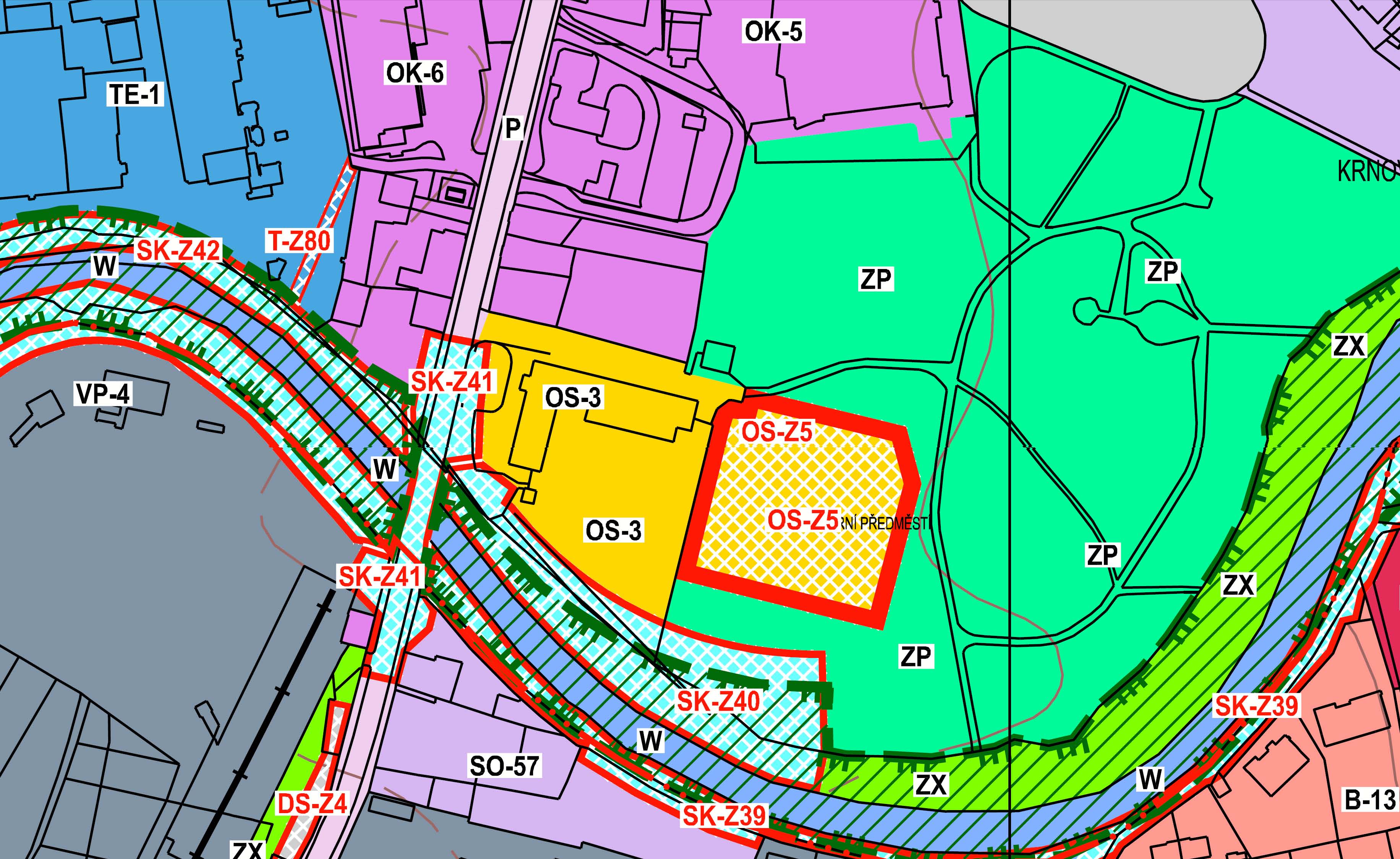 obytné (O) plochy průmyslové výroby a skladů (VP) plochy vodní a vodohospodářské (W) plochy parků,