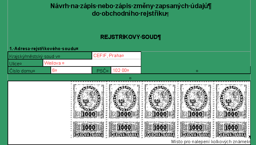 Určení rejstříkového soudu a kolků Obrázky