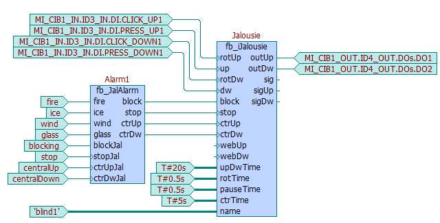 // vyhodnoceni alarmu Alarm1 (fire := fire, ice := ice, wind := wind, glass := glass, blockjal := blocking, stopjal := stop, ctrupjal := centralup, ctrdwjal := centraldown); // ovladani zaluzii