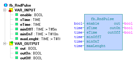 6.12 Funkční blok fb_rndpulse Knihovna : icontrollib Funkční blok fb_rndpulse nastavuje svůj výstup na náhodně dlouhé intervaly 0 a 1.