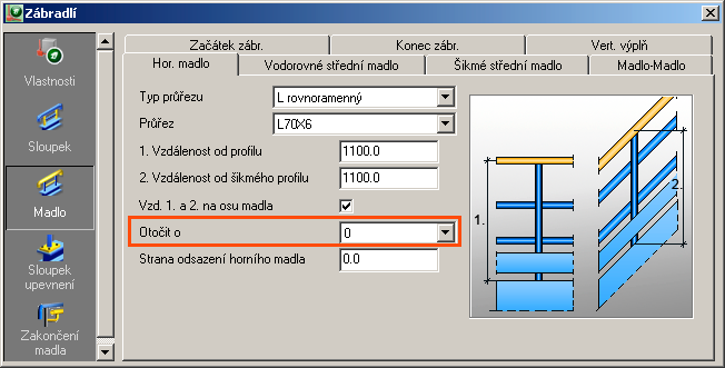 Zábradlí 5: Zábradlí možnost otáčet profily, pokud jsou z úhelníků Horní madlo, střední madlo i vertikální výplň lze natočit (o 0, 90, 180, 270 stupňů) za použití nové volby.