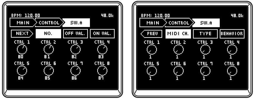 1: NUMBER (NUM:).. [1...8] Zvolte jeden z presetů křivek crossfaderu. 2: POSITION... [0...127] Zadejte pozici, ve které bude hodnota crossfaderu na maximu. 3: CURVE... [-64.