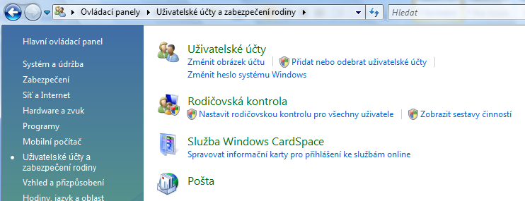 SYSTÉM RODIČOVSKÉ KONTROLY Operační systém Windows Vlastní uživatelský účet dítěte