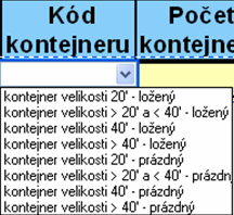 Kód kontejneru v případě, že je během plavby přepravována věc v kontejnerech, nebo samotné prázdné kontejnery, z rozbalovacího seznamu se vybere druh kontejneru v závislosti na tom, jestli je ložený