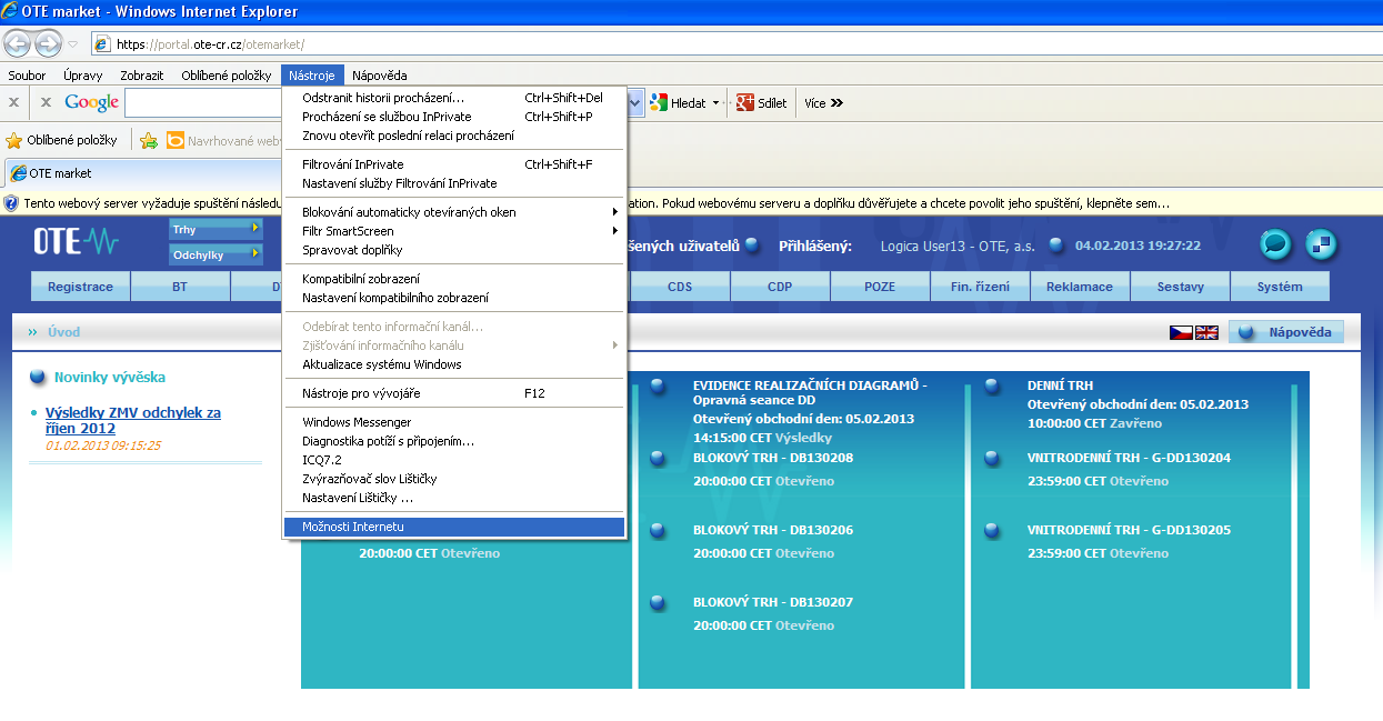 2 Nastavení systému uživatele 2.1 Konfigurace stanice Klientská stanice pro provozování CS OTE je podporována v následující konfigurace operačních systémů: Windows XP SP3 Proffesional + MS IE8.