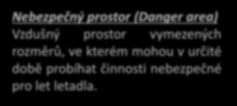 ROZDĚLENÍ VZDUŠNÉHO PROSTORU ZAKÁZANÉ, OMEZENÉ A NEBEZPEČNÉ PROSTORY Nebezpečný prostor