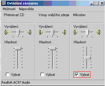 Na kartě Ovládání záznamu by měl být jako zdroj vybrán mikrofon.