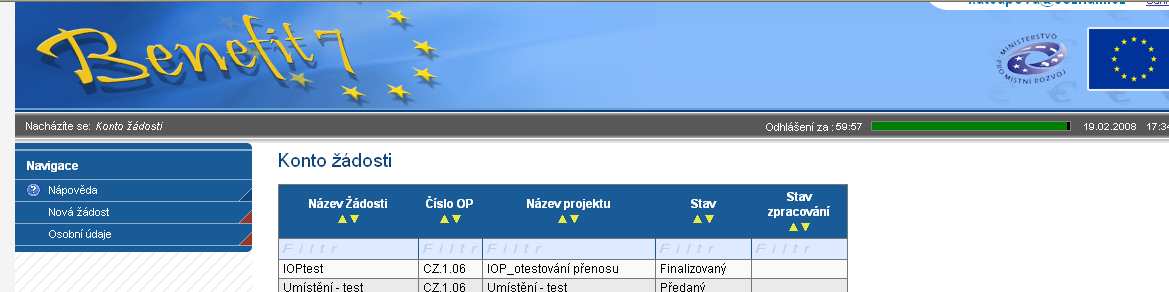 Navigace Konto - po úspěšném přihlášení se zobrazí nabídka Konto, která slouží jako seznam/přehled všech vytvořených žádostí, které uživatel