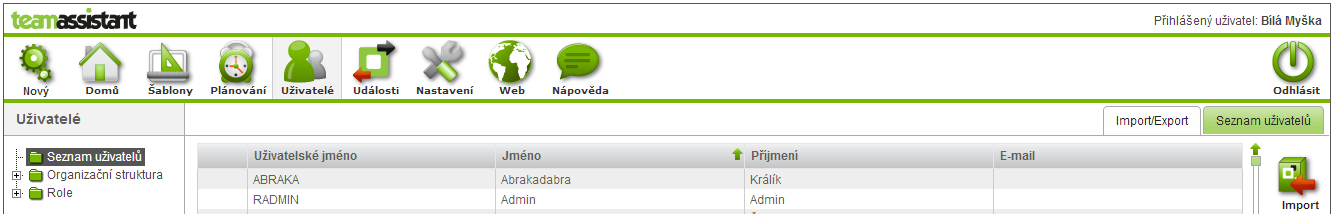 b. Import uživatelů pomocí souboru csv Uživatele je možno naimportovat pomocí souboru csv - pro tyto účely si stáhněte vzorové csv.