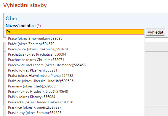 4. Identifikace názvu obce (kód obce) V našem případě se jedná o Prahu okres Hlavní město Praha, kód obce 554782. Nám postačí vepsat do textového pole Praha.