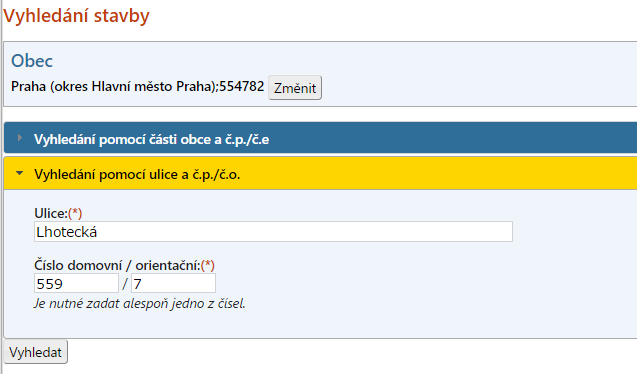 Otevře se nám okno, kde máme rozcestník. Dále můžeme vyhledávat podle: Části obce a čísla popisného (č.p.) / čísla evidenčního (č.e) Ulice a čísla popisného (č.p.) / čísla orientačního (č.