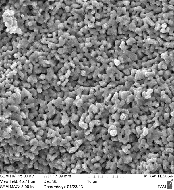 a) b) c) d) Obr. 5: Obrázky ze SEM (a- CVit 3, b- TVit II-1 klenba, c- CCS 1, d- TCS II-1); fotky mají stejné měřítko, velikost zobrazeného pole je 12,19 µm. Obr 6. Vzorek TCS I-1. Obr. vlevo ukazuje CaO částice o velikosti 5 10 µm z povrchu páleného vápna.