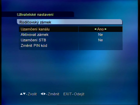 RODIČOVSKÝ ZÁMEK Rodičovský zámek vám umožňuje zabránit sledování určitého televizního kanálu, poslechu rozhlasové stanice, provedení neoprávněné změny instalace nebo změny nastavení přijímače.