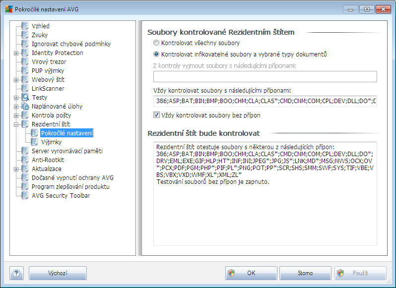 9.11.1. Pokročilé nastavení V dialogu Soubory kontrolované Rezidentním štítem máte možnost nastavení kontroly souborů a dokumentů vybraných typů (konkrétních přípon): Rozhodněte, zda chcete