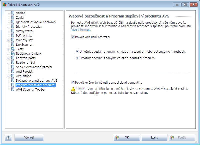 9.17. Program zlepšování produktu V dialogu Webová bezpečnost a Program zlepšování produktu AVG máte možnost zapojit se do spolupráce a podílet se na zlepšování produktu AVG a na celkovém zvýšení