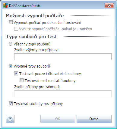 o Možnosti vypnutí počítače - určete, zda má být počítač po dokončení testu automaticky vypnut.