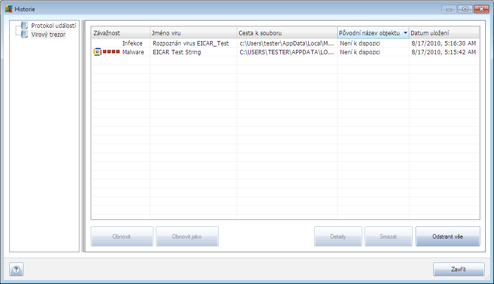 10.8. Virový trezor Virový trezor je bezpečným prostředím pro správu podezřelých/infikovaných objektů nalezených během testů AVG.