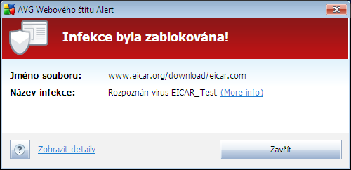 Stáhněte si soubor eicar.com a pokuste se jej uložit na lokální disk. Ihned poté, co potvrdíte stažení testovacího souboru, zareaguje Webový štít varovným upozorněním.